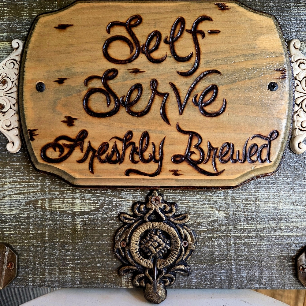 Handmade Rustic Coffee Bar Wall Decor With Hooks Along Bottom & Live Edge Shelf! - Picture 7 of 16
